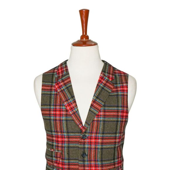 Mens 46R Wool Olive Green Red Tartan Plaid Vest Waistcoat Wedding Party Formal - Picture 3 of 8